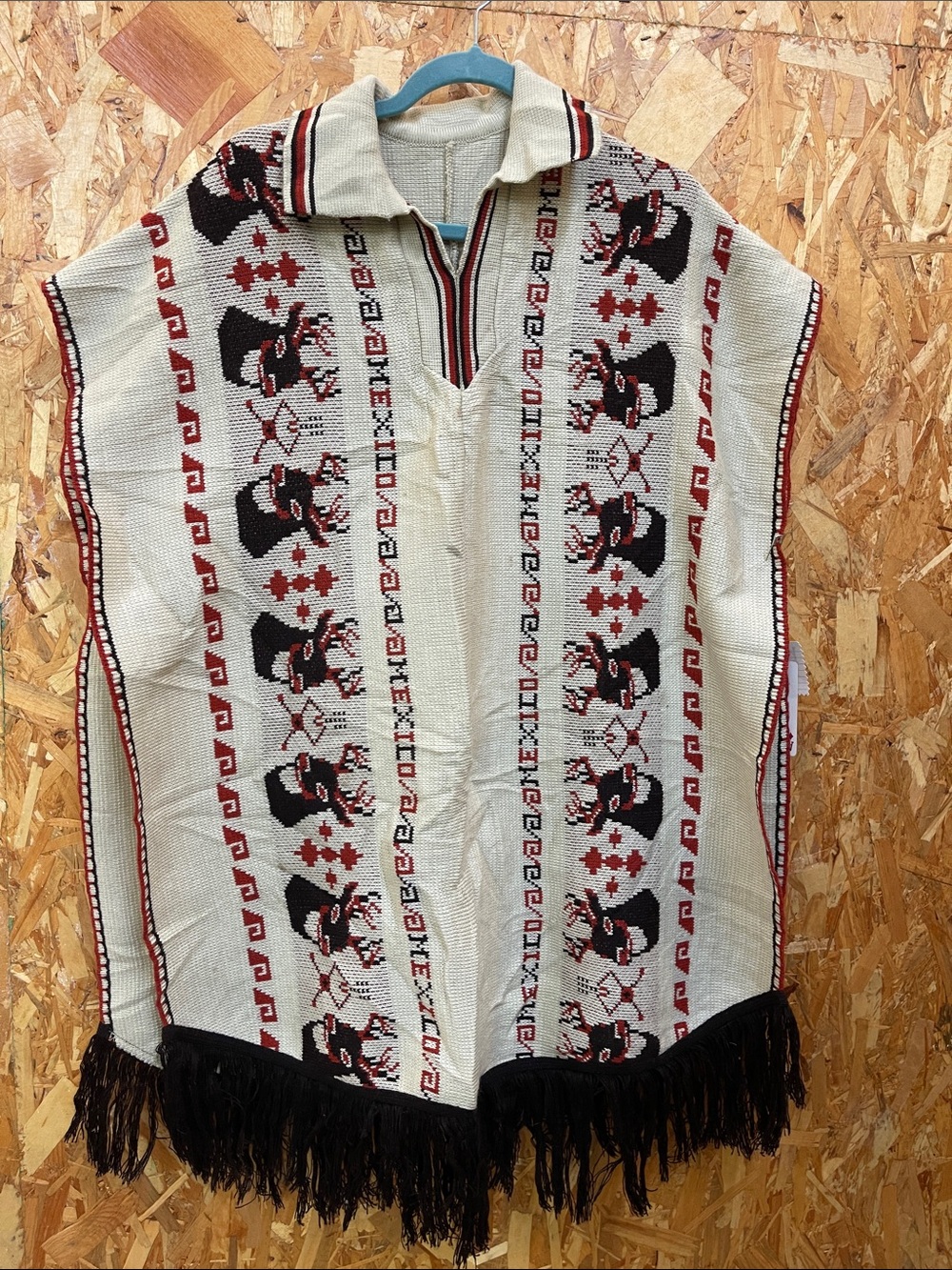 Vintage Cream Poncho with Black and Red Geometric & Animal Motif